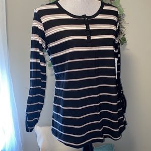 Kate Parks Petite long sleeve casual tee gathered sleeves stripes black PM NWT